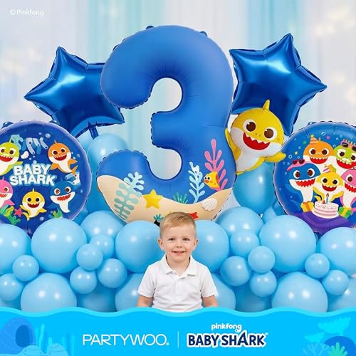 Image of PartyWoo Baby Shark Blue Foil Number 3 Balloon 5pcs 40 18 Inch Blue Round Star Mylar Helium Birthday Balloons for Boys and Girls Baby Shark Under the Sea Ocean Kids Third Birthday Party Decorations