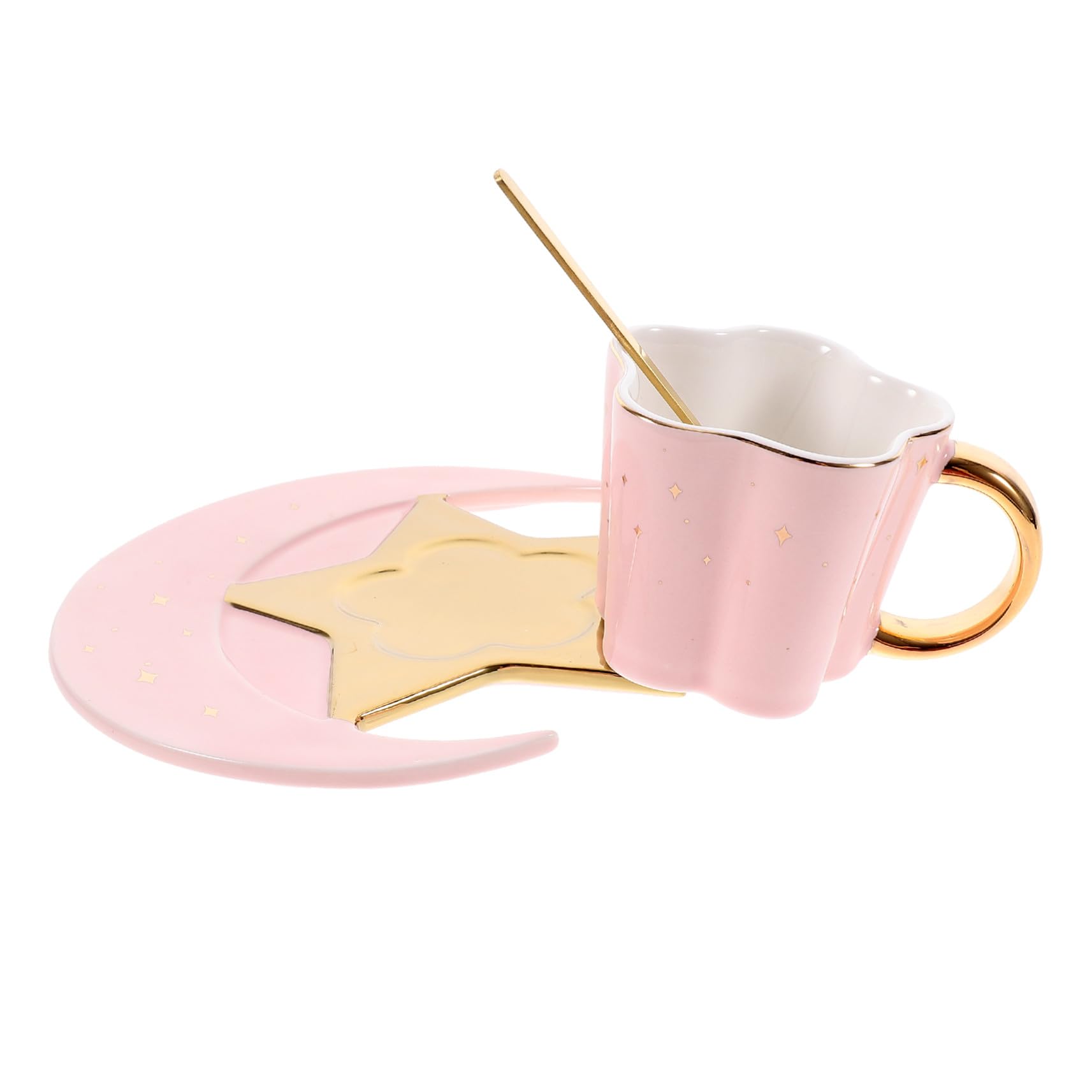 Tazza da Caffè in Ceramica 120ml con Cucchiaio e Piattino | Tazzine da Caffe Particolari, Set 1 Pezzo, Piattino a Forma di Luna e Stella, Colore Rosa