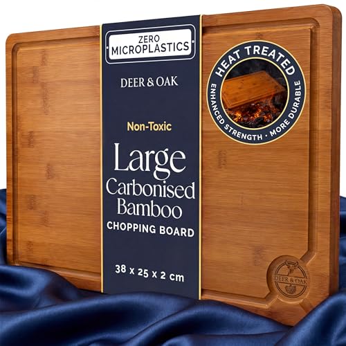 Deer & Oak Large Carbonised Cutting Board 38 x 25 x 2cm Pre-Oiled Wooden Bamboo Chopping Board for Carving Meat Fish Vegetables Fruits Cheese Bread