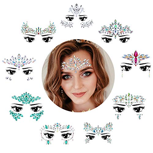 Face Gems, ETRONG 9 Sets Mermaid Face Jewels Festival Face Gems Rhinestones Rave Eyes Body Bindi Temporary Stickers Crystal Face Stickers Decorations for Festival Party