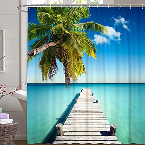 M&W DAS DESIGN Shower Curtain Sea Wood Pier Bridge Plants Palm Trees Textile Sky Cloud Curtain Mildew Resistant Ocean Blue Waves Holiday Relax Including 12 C-Rings Weight Bottom 180 x 200 cm (W x H) - Image 3
