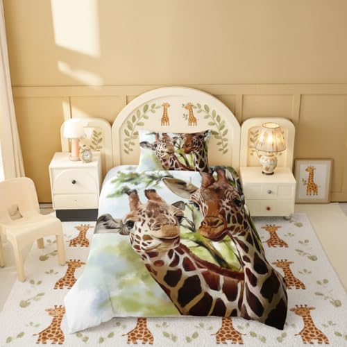 feelingyou Zwei Giraffen Bettwäsche-Set Grüne Baumblätter Bettwäsche Set 135x200cm Ölgemälde Betten Set für Kinder Jungen Mädchen Teenager… – Ansicht 2