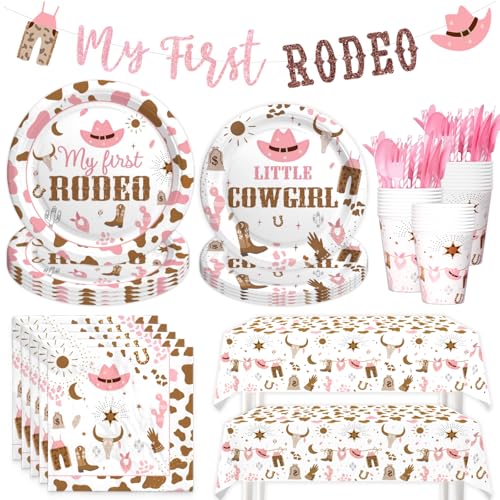 Costova My First Rodeo Supplies Tableware Set Girl, Cowgirl 1st Birthday Party Decorations, Western Wild West One Year Old Birthday Supplies Girl, My First Rodeo Banner Tablecloth Plates Napkins
