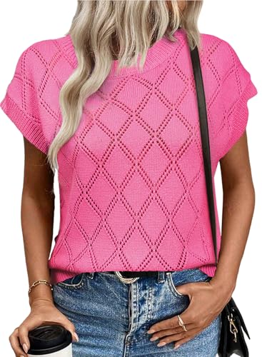 SHEWIN Womens Tops Crewneck Cable Knit Short Sleeve Sweater Loose Lightweight Blouses Dressy Casual Pullover Sweaters Top