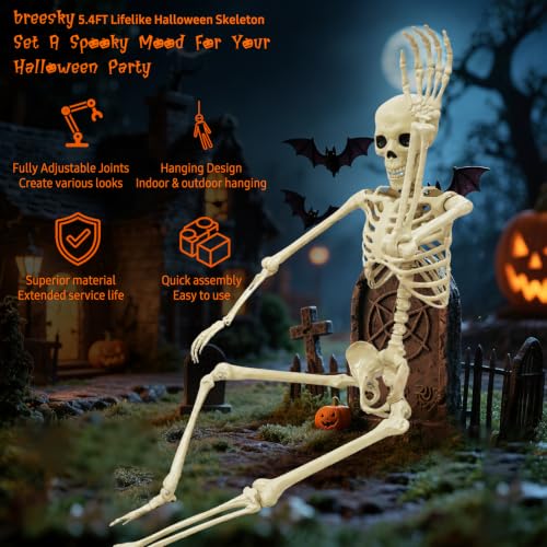 Image of breesky Life Size Skeleton for Halloween: 5.4ft Realistic Human Skeleton | Posable Movable Joints - Full Body Skeletons for Outdoor Yard Haunted House Indoor Halloween Spooky Atmosphere Decoration