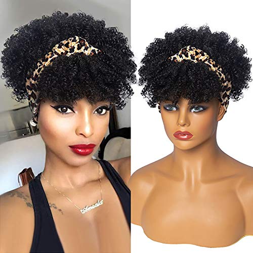 Short Headband Wigs for Black Women Afro Kinky Curly Wigs Head Wrap Wig 2 in 1 Wig Synthetic Natural Black Wigs with Bangs Short Curly Wigs with Headband (Leopard Turban Wig)