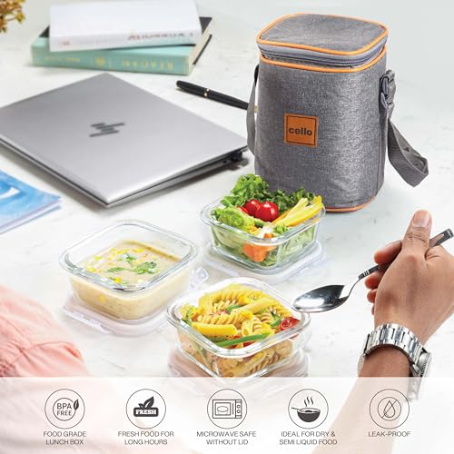 Image of CELLO Royale Glass Lunch Box Set of 3 Pcs with Jacket, Clear | Microwave & Dishwasher Safe 3 x 320ml Square Glass Containers |Leadfree, Leakproof, Airtight Clip Lock Lid Tiffin Box For Office & Travel