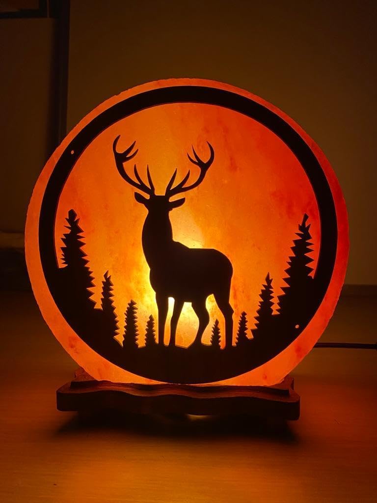 Elkoza Deer Safari Lamp Handmade Wood Silhouette Natural Healing Iones Therapeutic 100% Pure Himalayan Pink Crystal Salt Lamp Fine Quality With Dimmer Switch (, Himalayan 3D Salt Lamp)
