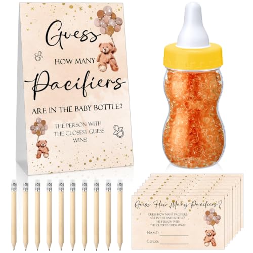 Image of Roowest 512 Pcs Baby Shower Games Guess How Many Pacifiers Sign 100 Small Guessing Games 10 HB Pencils 750ml Milk Bottle 400 Acrylic Pacifiers Decoration for Guest Gender Reveal (Brown,Little Bear)