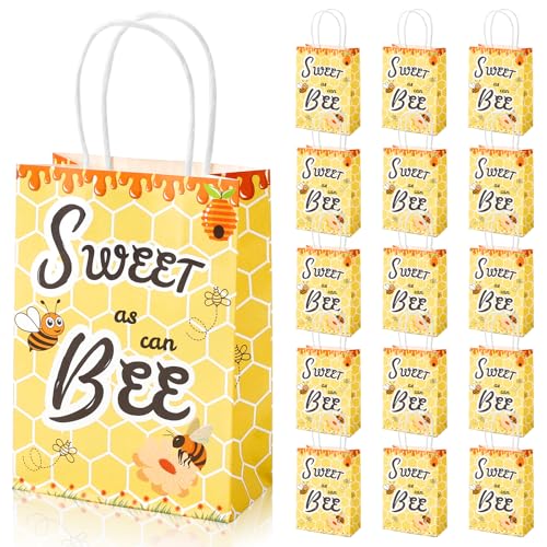 Loccmat ハンドル付きハニービーギフトバッグ16個 パーティー記念品バッグ スイートアズキャンビーハニーギフトバッグ 誕生日やベビーシャワーパーティー用品に ペーパーキャンディー お菓子袋 (5.9 x 8.3 x 3.1インチ、イエロー)