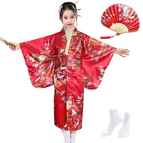 KRUIHAN Kimono Japonés Niñas, Yukata Tradicional, Bata de Satén, Disfraz de Cosplay, Vestido de Fiesta, SPA, Con Abanico Plegable y Calcetines Tabi, Estilo B, Rojo, 150