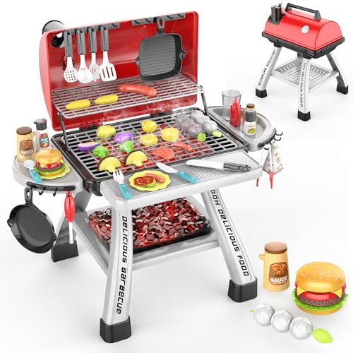 Wdebay 2-Layer BBQ Grill with Big Playset Gifts|Kids Outdoor Toys for Toddlers 3-5 6| Pretend Outdoor Toddler Boy Toys for 3 4 Year Old Boys| Kids Kitchen Playset Equipment Gift