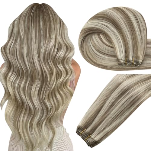 Easyouth Weft Hair Extensions Human Hair Highlight Remy Human Hair Weft Extensions Light Brown with Blonde Highlight Sew in Hair Extension 16 Inch 100G