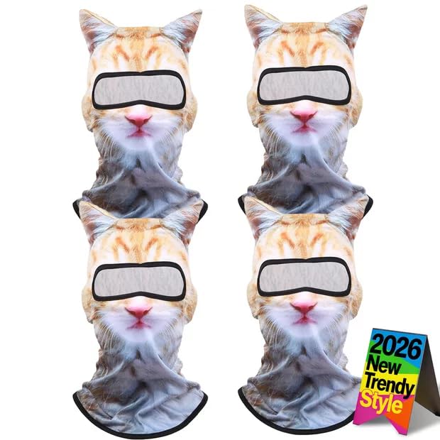 4PCS Cat Ski Mask Shiesty Men Balaclava Funny Dog Animal Christmas Face Sheisty 3D Printed Furry Cute Skimask Pack Kitty with Yellow Ears for Must Haves Trip Adults Women Shisty Rave Design