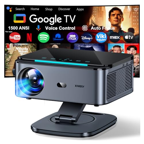 Videoprojecteur【1500 ANSI/Auto Focus/360° Rotation】 XIWBSY Projecteur Video Google TV/Contrôle Vocal, WiFi 6 Bluetooth 5.3, Retroprojecteur 4K Supporté 38000 Lumen, Projector Home Cinéma/Extérieur