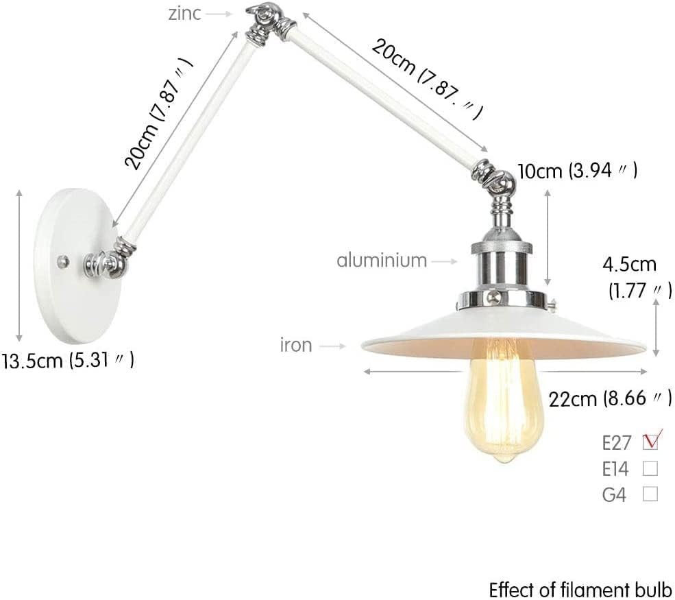 Miniatura 7 de Lámpara de pared de Metal Blanco con brazo articulado Ajustable, Estilo Industrial moderno, Ideal para inquilinos. Luz de lectura montada, Aplique