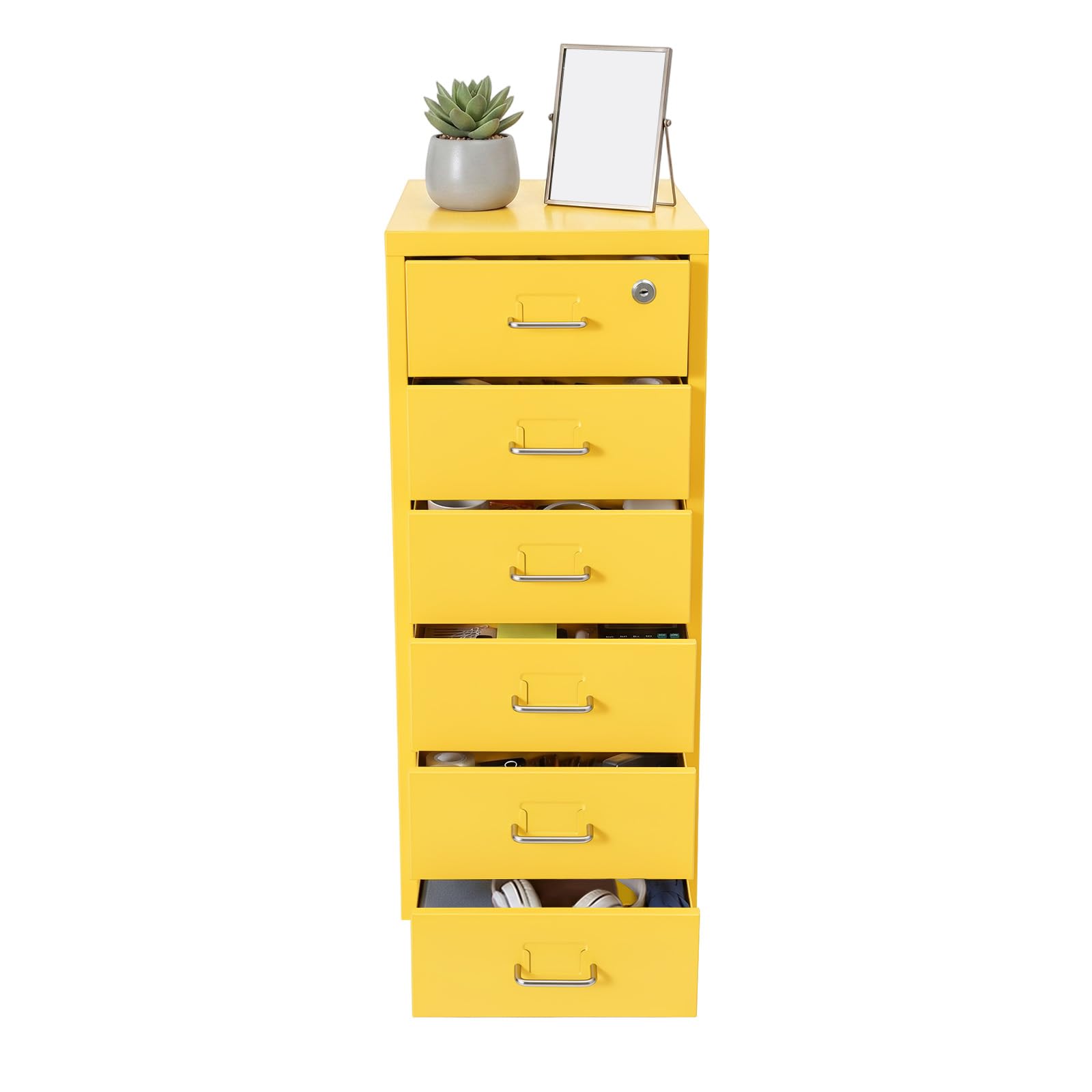 Cassettiera con 6 cassetti in metallo richiudibile (giallo), 28 x 41 x 69 cm, superficie liscia, armadietto mobile, molto spazio, per ufficio, casa, scuola