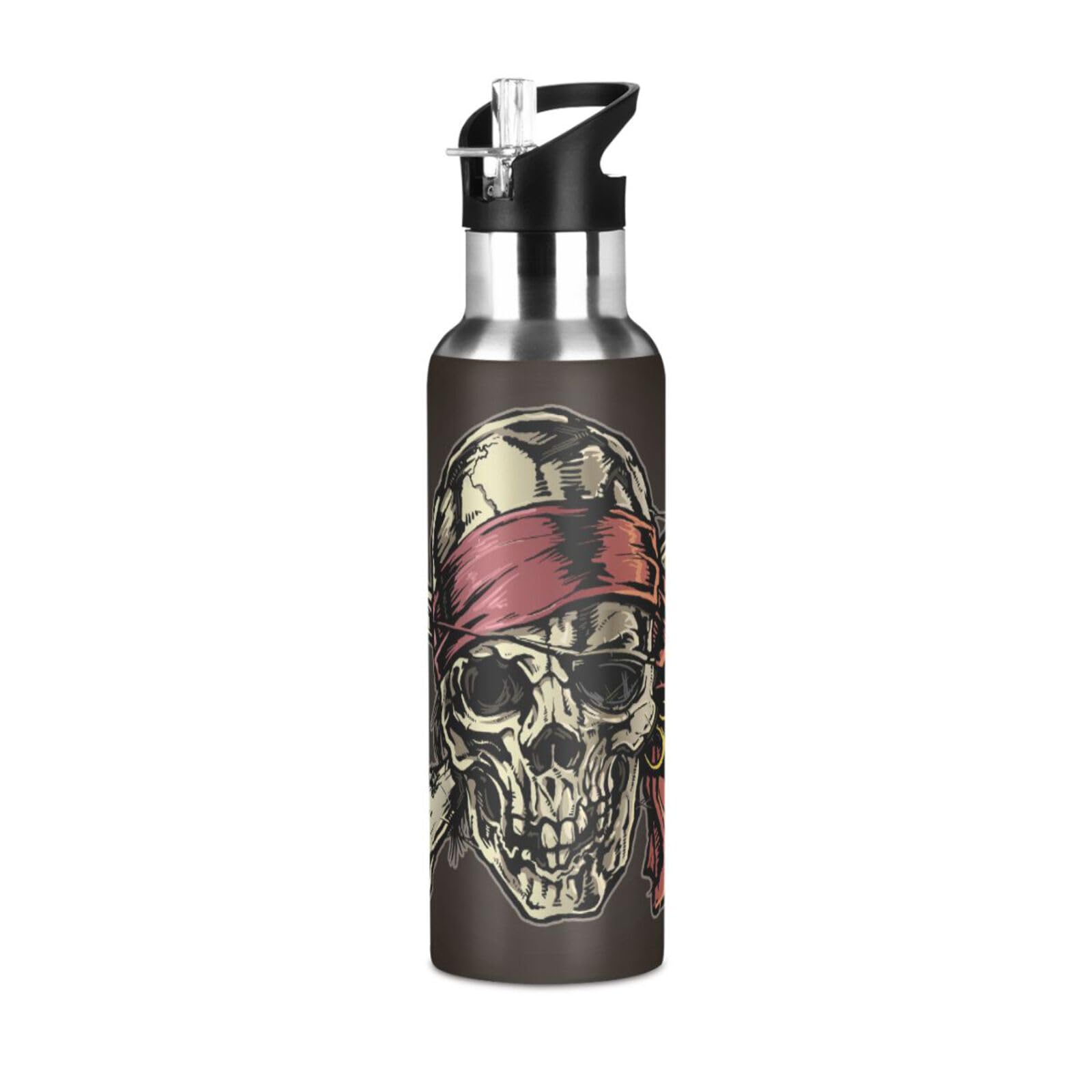 20 Oz Water Bottle with Straw Pirate Skull Stainless Steel Water Bottle for Traveling Sports Leakproof Insulated Water Bottle