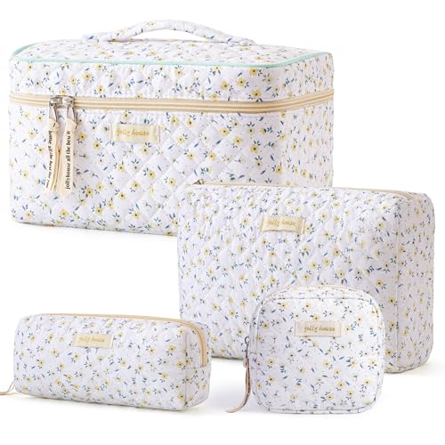 HBselect 4pcs Cotton Quilted Coquette Kawaii Floral Makeup Bag Aesthetic Cute Toiletry Bag Large Travel Cosmetic Coin Purse for Women Girls