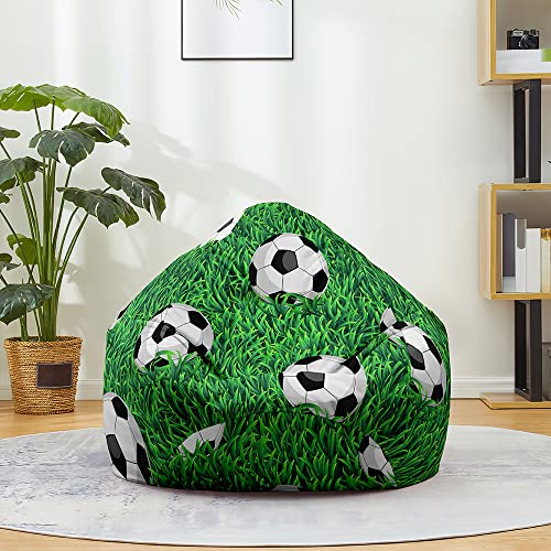 FANSU Pouf Poire sans Remplissage pour Enfant Ado Adulte, Salon Chambre Soft, 3D Football Imprimer Sac Haricots, Polyvalent de Rangement (70x80cm, Ballon de Football en Herbe)