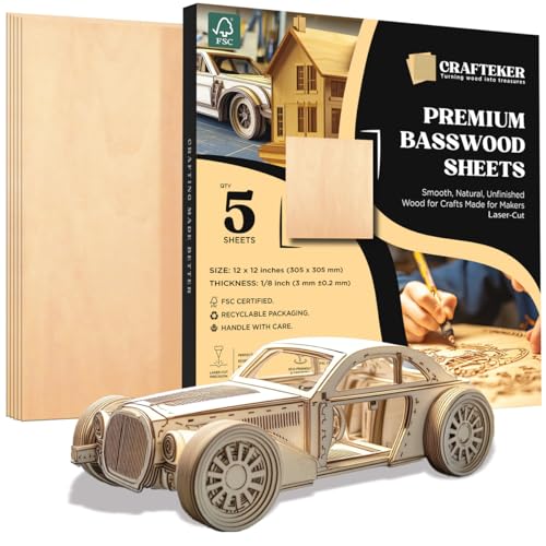 CRAFTEKER Basswood Sheets 12x12 Inch 3mm - 5 Pack