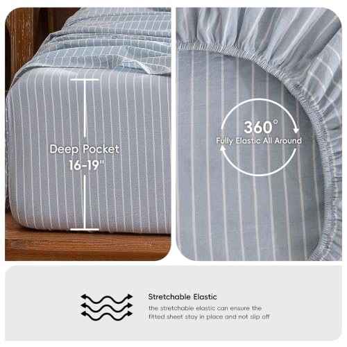 Image of MooMee Striped Sheet Set 100% Washed Cotton Linen Like King