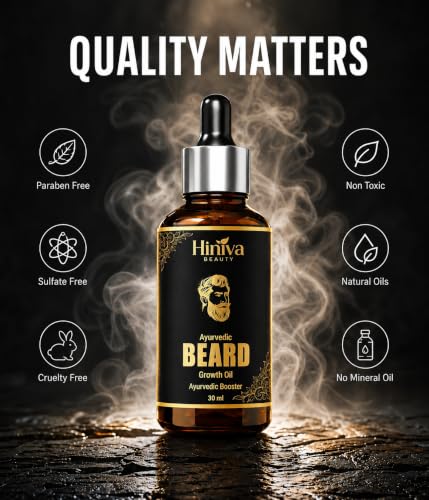 Image of Hiniva Ayurvedic Beard Growth Oil for Men | Beard Growth & Thickening Oil | Reduces Beardruff, Dryness & Itching | Softens, Nourishes & Strengthens Beard | Herbal Blend with Castor, Amla, Bhringraj & Black Seed Oil | 30ml