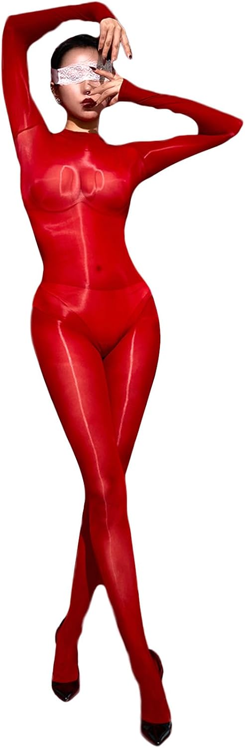 RUIBAVYA Bodystocking for Women Long Sleeves Sheer Catsuit Round Neck Full Body Stockings Ultra-Thin Oil Shiny Stockings