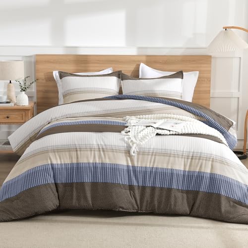 Litanika Queen Comforter Set Blue Brown - 3 Pieces Lightweight Fluffy Bedding Comforter Sets, All Season Down Alternative Comforter (1 Comforter, 2 Pillowcases)