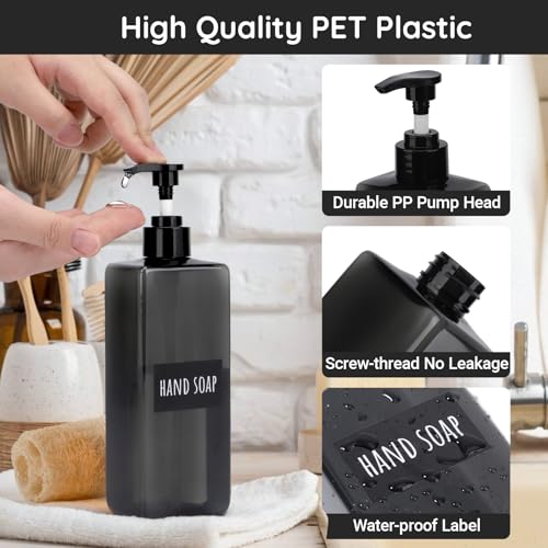 Image of Segbeauty 16.9oz Shampoo Bottles Refillable Pump Bottle, 3pcs Shower Bottle Soap Dispenser with Labels, 500ml Gray Empty Plastic Square Shampoo Conditioner Dispenser, Body Wash Containers for Bathroom
