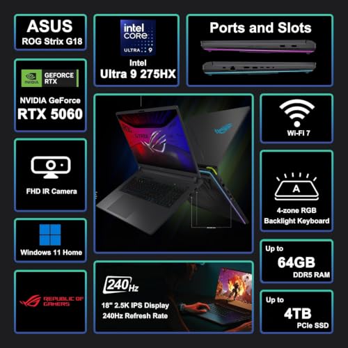 Image of ASUS ROG Strix G18 G815 Gaming AI PC Laptop 18 inch 2.5k (2560x1600) 240Hz (100% DCI-P3, 3ms) Intel 24-core Ultra 9 275HX 32GB RAM 2TB SSD GeForce RTX 5060 RGB Backlit Wi-Fi7 Win11 ICP Accessory