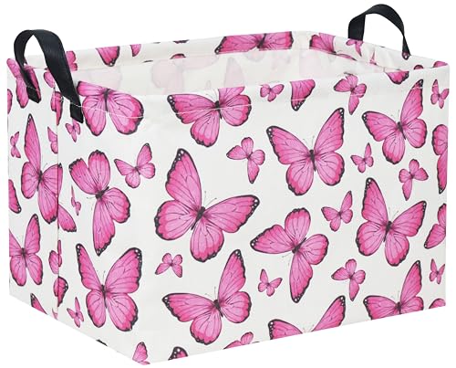 Image of Rectangular Butterfly Pink Kids Storage Basket - Baby Girl Basket Toy Storage Bin Organizer Box Rainbow Room Decor