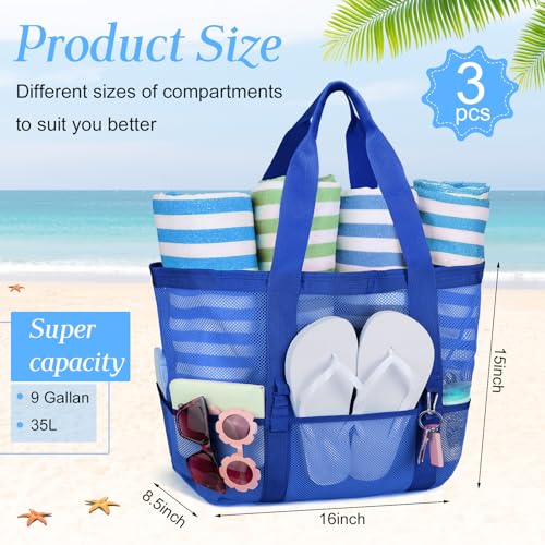 Image of Hillban Large Beach Mesh Bags Bulk for Women Beach Tote Bag with 8 Pocket Zipper Waterproof Sandproof for Pool Cruise Ship