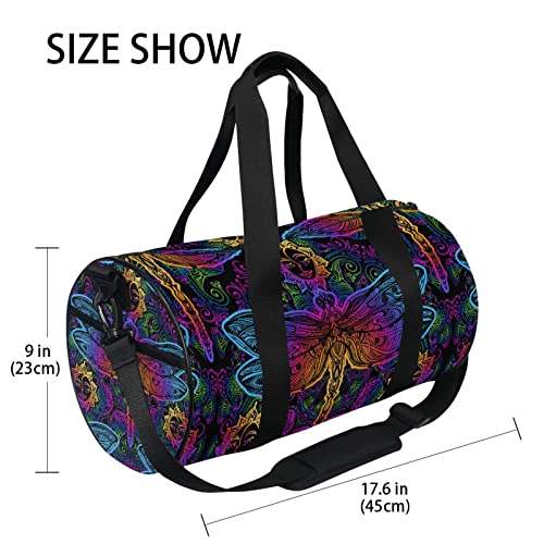 Indian Mandala Dragonfly Sun Flower Blue Pink Gradient on Black Duffel Bag, Foldable Canvas Travel Tote for Gym Sports with Inner Pockets, Durable Lightweight Fitness Bag for Overnight Workout4