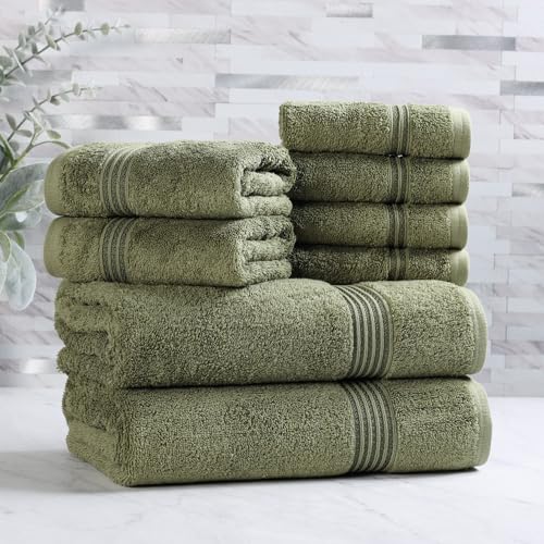 Superior Egyptian Cotton 8-Piece Towel Set, Assorted Towels, Home Bathroom, Master, Guest Bath, Decor Essentials, Includes 2 Bath, 2 Hand, 4 Face Towels/Washcloths, Quick Dry, Absorbent, Forest Green