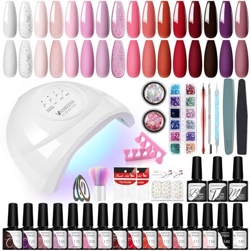 VANREESA U V Nagellack Set, 16 Farben Gel Nägel Set mit 48W U V/ LED Nagellampe Rosa Rot Lila U V Nagellack Maniküre Set Gelnägel Starterset Geschenk für Frauen