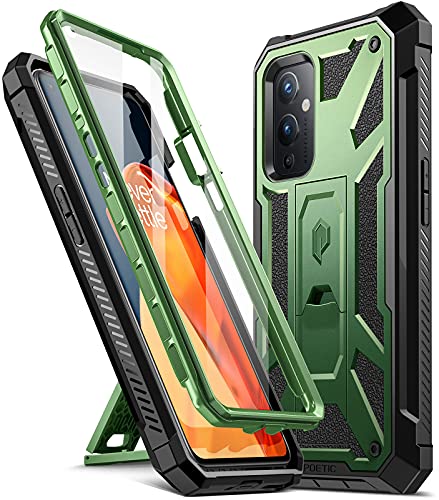 Image of Poetic Spartan Series Designed for OnePlus 9 5G Case, Full-Body Dual-Layer Metallic Color Accent with Premium Leather Texture Shockproof Protective Cover with Kickstand, Metallic Green