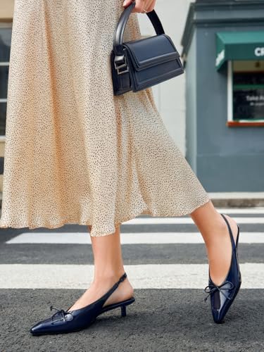 Image of Coutgo Womens Slingback Kitten Low Heels Dress Shoes Closed Pointed Toe Bow Tie Slip on Office Work Pumps