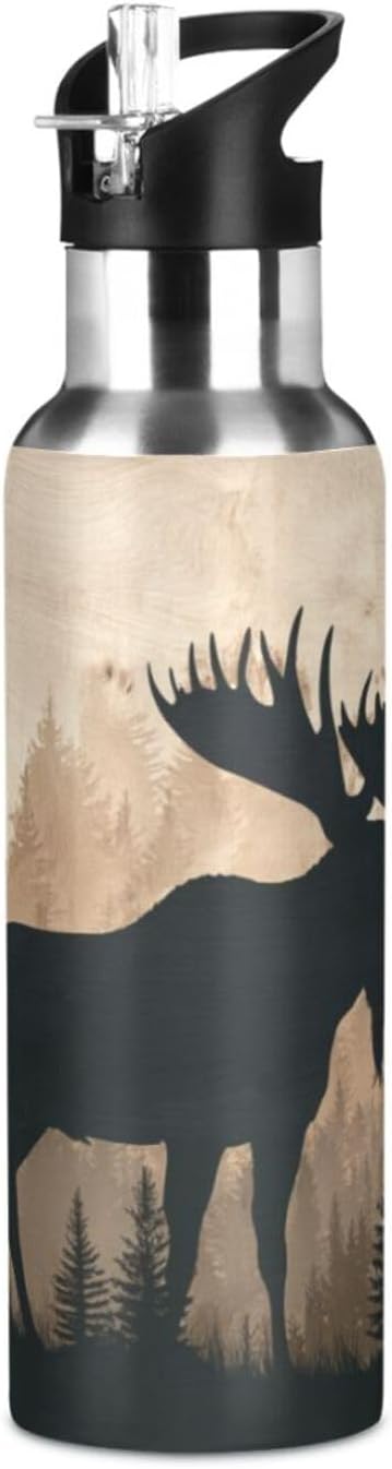 Moose Brown Wood Water Bottle Insulated ‌Leakproof‌ Stainless Steel Water Bottle with Straw Lid for School Travel Sport 20 Oz