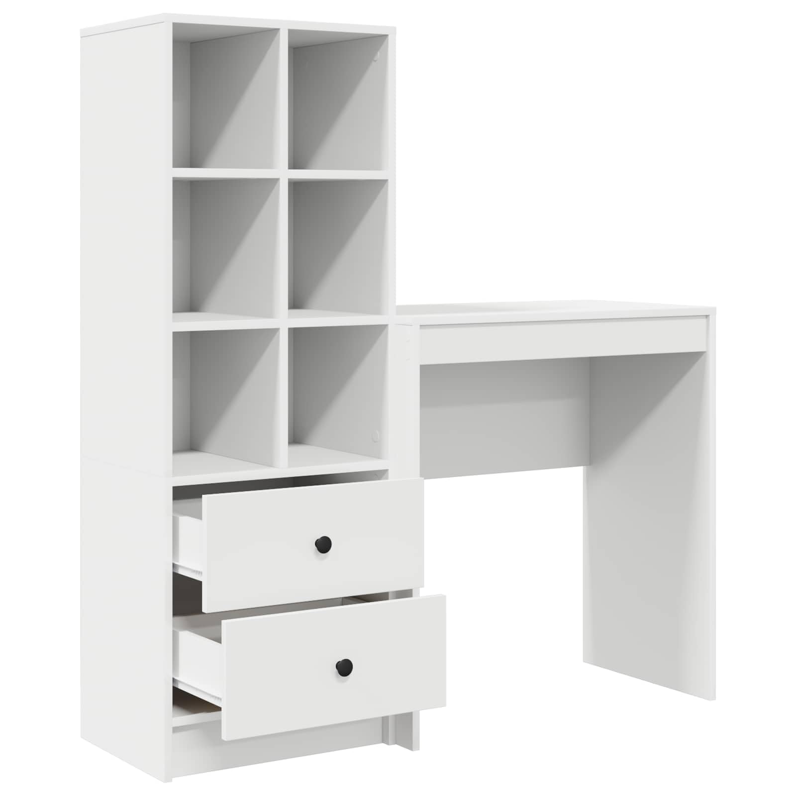 Schreibtisch mit Schubladen und Regal, weiß, 2-teiliges Set, Holzwerkstoff, 115,5 x 40 x 127 cm, Stauraum mit 6 Regalbrettern, ideal für Büro, Homeoffice und Arbeitszimmer