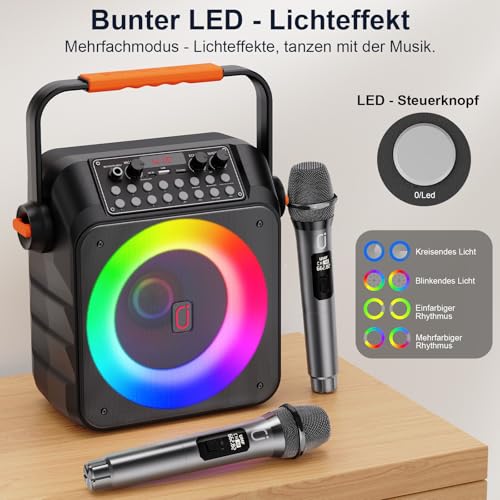 HWWR Karaoke Maschine mit 2 drahtlosen Mikrofones, Tragbaren Karaoke Anlage Lautsprecher mit RGB-Licht für Hausparty, PA-System für ErwachsenePartybox Unterstützt,TWS
