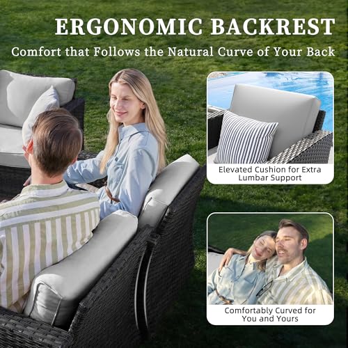 Image of UDPATIO Patio Furniture Set with Fire Pit Table, Rocking Swivel Chairs, 5 Pieces Outdoor Furniture Sets, All-Weather Wicker Outdoor Sectional Sofa with Cover, 4'' Thickened Cushion, Light Grey