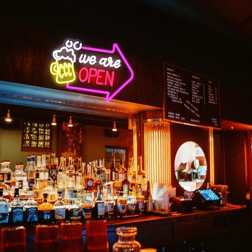 Image of We Are Open Neon Sign with Arrow Beer Neon Light for Bar Restaurant Decor | Dimmable Bar LED Signs for Wall Decor, Business Open Sign, Acrylic Neon Wall Light, USB Powered, Pub Tavern Hotel Shop Decor