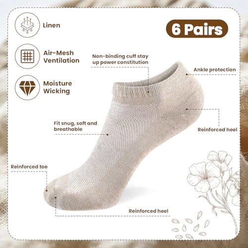 Image of Mepase 6 Pairs Flax Linen Ankle Socks for Women Men 88% Organic Thin Breathable Mesh Low Cut Quick Dry Moisture Wicking Socks