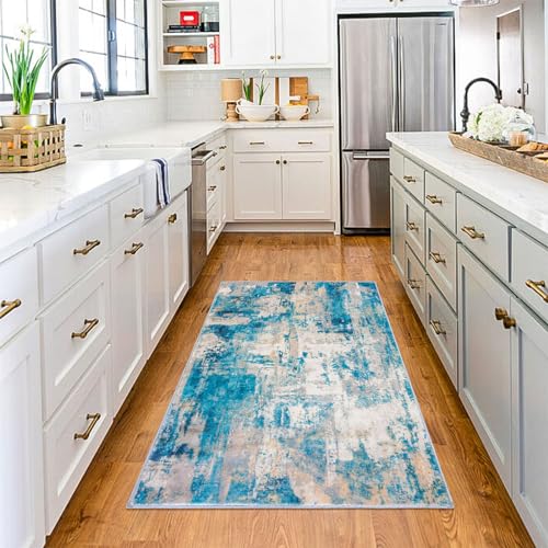 KOZYFLY Modern Abstract 3x5 Area Rug Washable Bedroom Rug Throw Entry Mat Non-Slip Stain Resistant Carpet Dining Room Rug with Soft Low Pile for Living Room Kitchen Office, Turquoise/Beige/Grey/Yellow