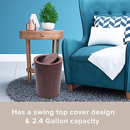 Modern Round Trash Can With Lid - Real Wood Waste Basket In Dark Brown - 9.25"X7.5"X11.8" Swing Top Small Trash Can - Decorative Small Garbage Can For Bedroom, Living Room, Office & Bathroom - 8L/2.1Gal #TOP3