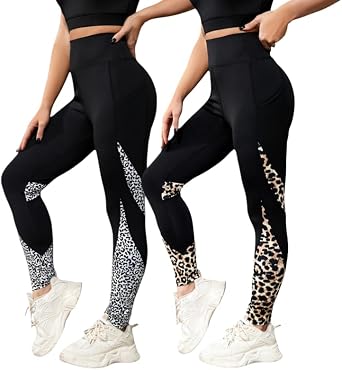 2Pcs Womens Leopard Mesh High Waisted Tummy Control Squat Leggings with Pocket for Workout Running Yoga