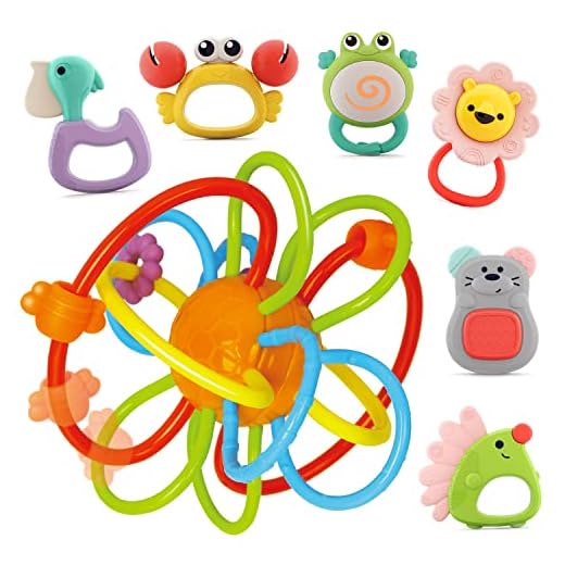 Nene Toys Set med 7 Färgglada Skramlor och Bitringar för Nyfödda Bebisar – Sensorisk Leksak för Spädbarn 0-12 Månader – Innehåller 1 Förstklassig Bitring och 6 BPA-Fria Roliga Djur