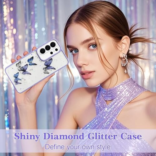 Image of VONZEE for Samsung Galaxy S26 Ultra Clear Glitter Butterfly Case, Cute Bling Sparkle Shiny Soft Silicone TPU Bumper Shockproof Women Girls Slim Protective Phone Cover, Purple