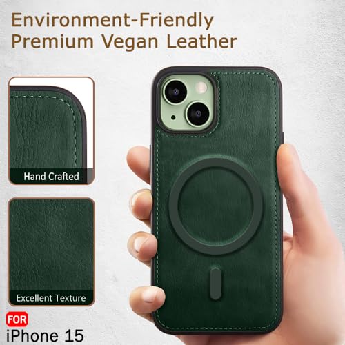 Image of TheGiftKart Genuine Leather Finish Back Cover Case for iPhone 15 | Shockproof Design | Raised Edges for Camera & Screen Protection | Stunning Minimalist Design Case Cover (MagSafe Compatible, Green)